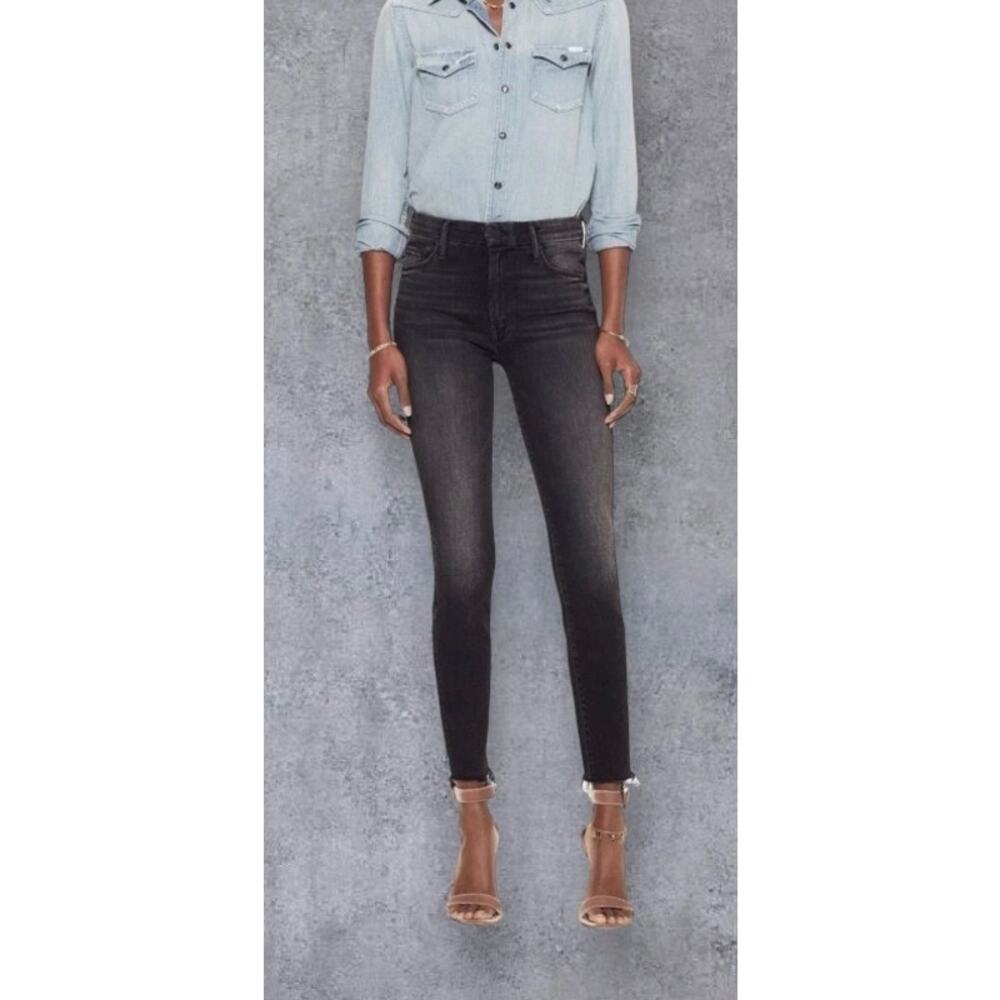 Mother High Waisted Looker Ankle Fray Jeans Black Distressed Denim Womens Sz 24